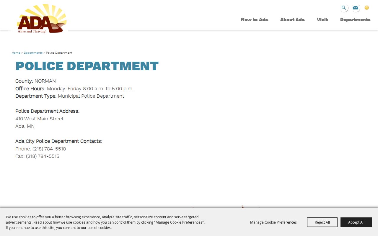 Norman County Ada arrest-record routing on the Ada Police Department page